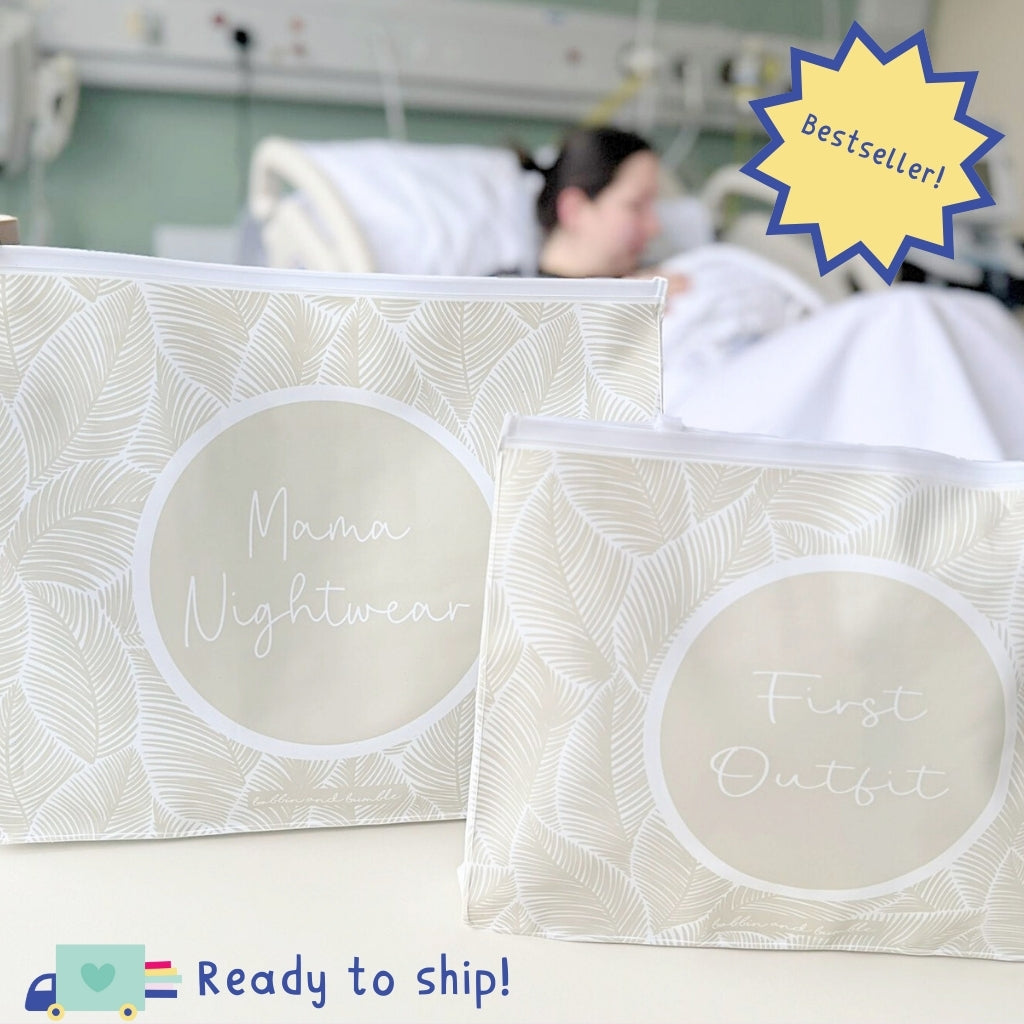 Hospital Bag Organiser Pouches - Unisex Beige Leaf Print - Baby & Toddler