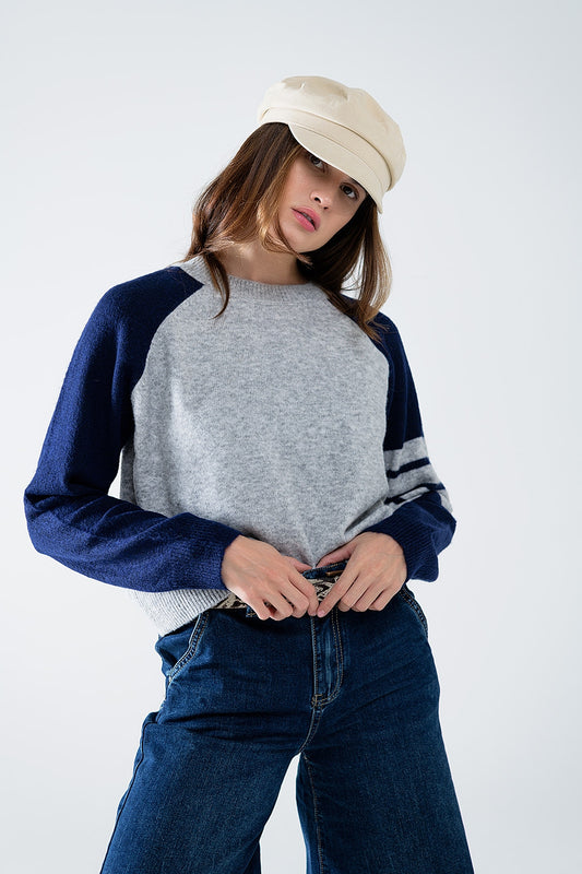 Bi-Color Raglan Sleeve pullover in Navy and Grey - Jumpers