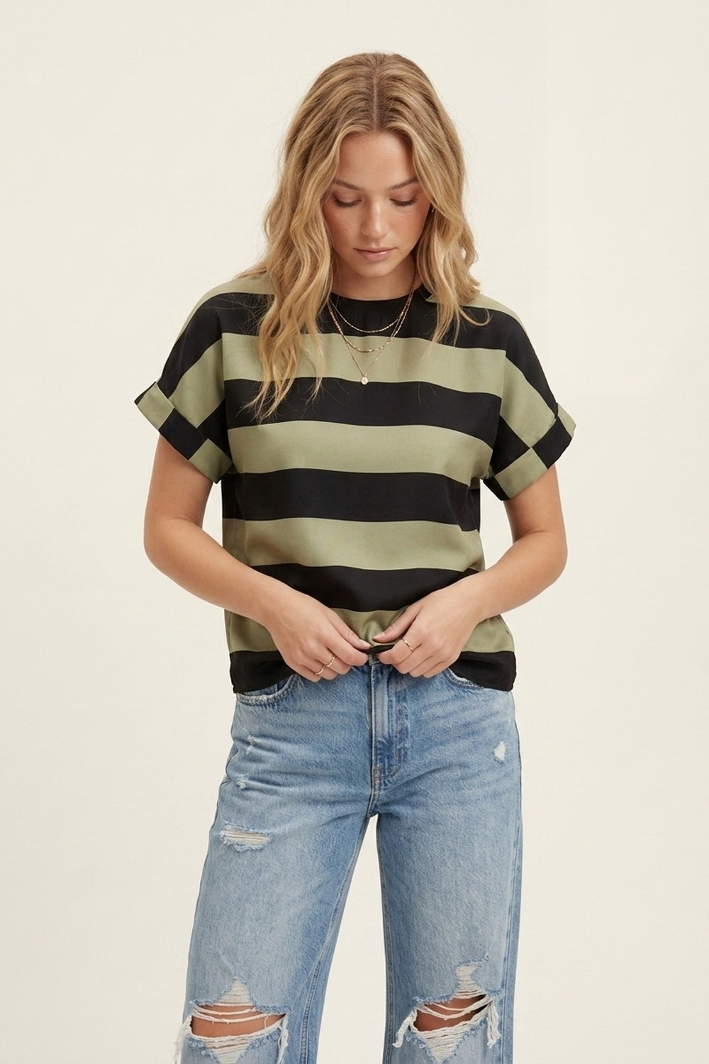 Black and Olive Green Stripe T-Shirt in satin fabric - Tops