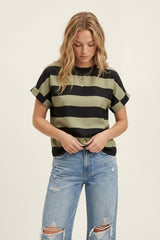 Black and Olive Green Stripe T-Shirt in satin fabric