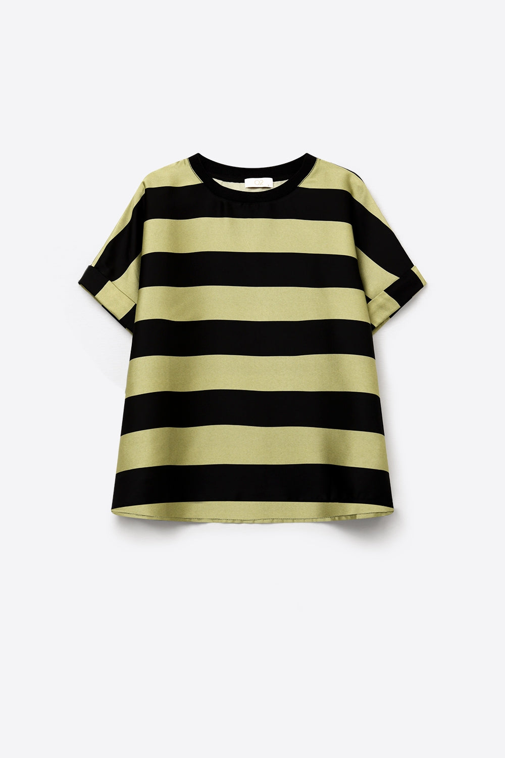 Black and Olive Green Stripe T-Shirt in satin fabric - Tops