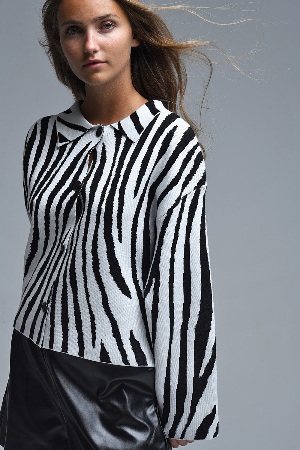 Black and White Zebra Print Polo Collar Cardigan - Sweaters