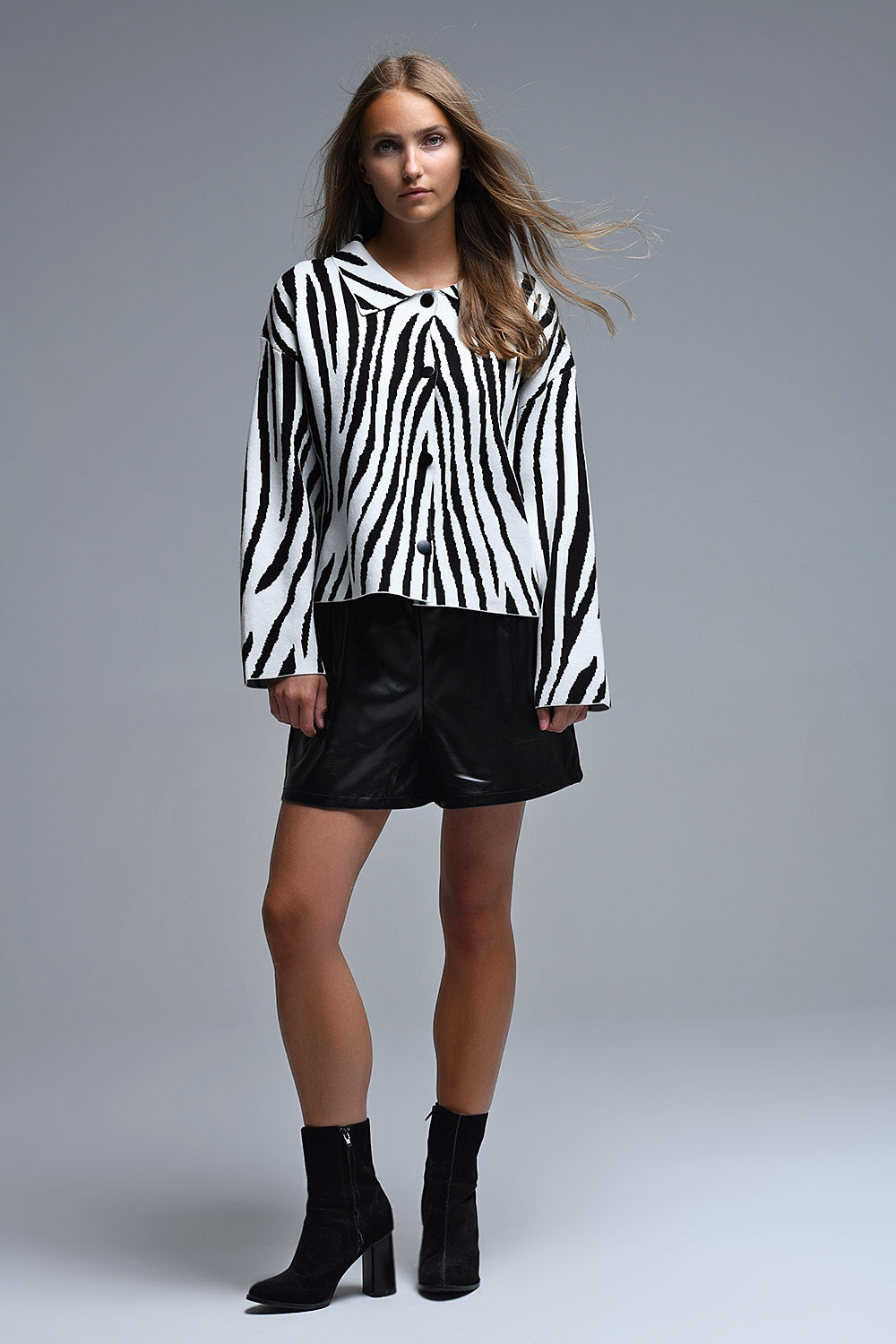 Black and White Zebra Print Polo Collar Cardigan - Sweaters