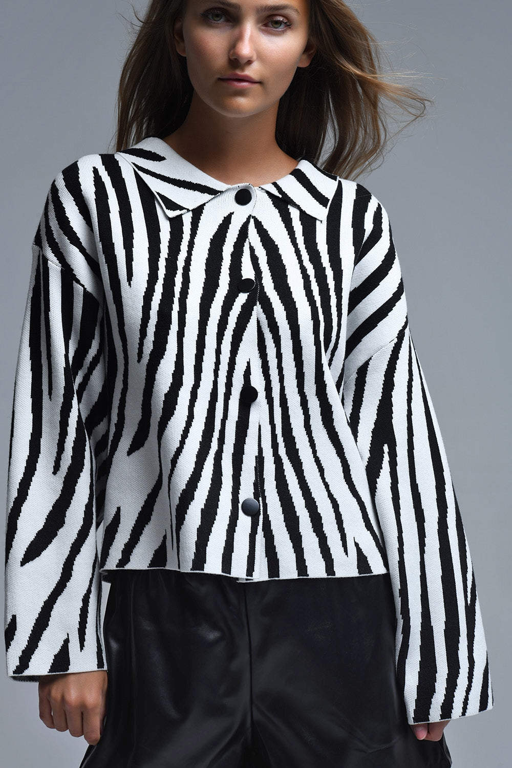 Black and White Zebra Print Polo Collar Cardigan - Sweaters