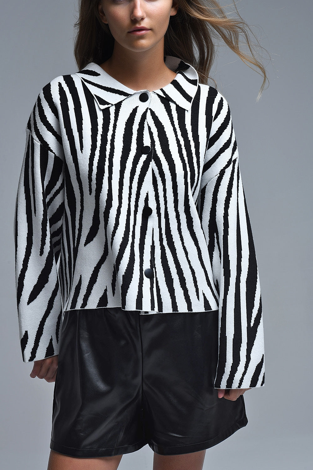 Black and White Zebra Print Polo Collar Cardigan - Sweaters