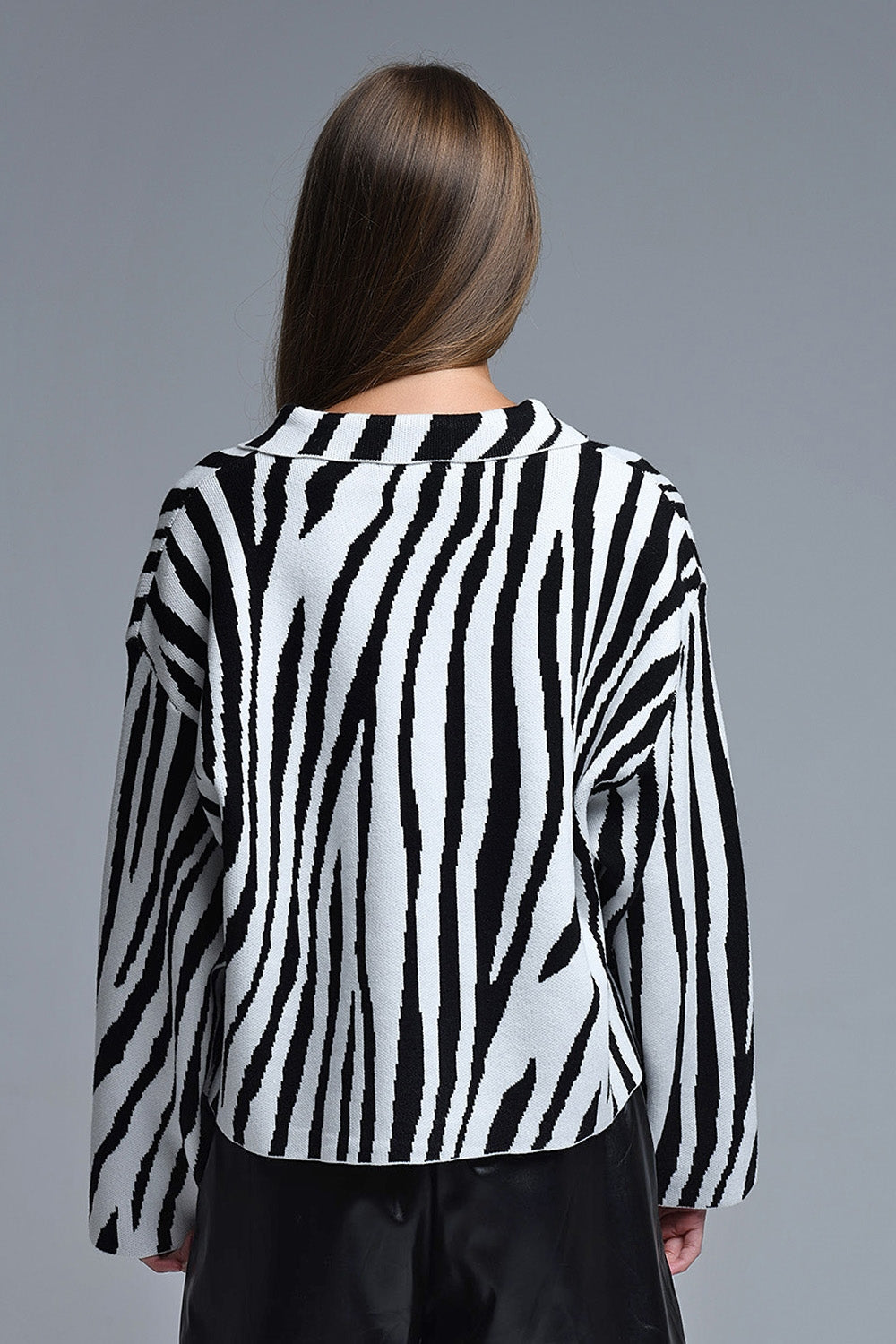 Black and White Zebra Print Polo Collar Cardigan - Sweaters