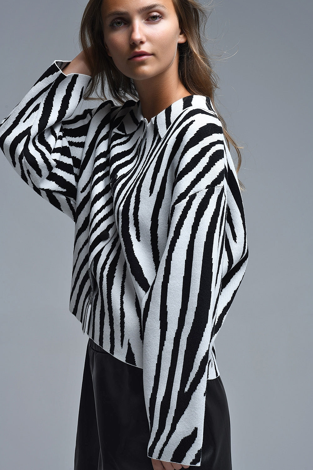 Black and White Zebra Print Polo Collar Cardigan - Sweaters