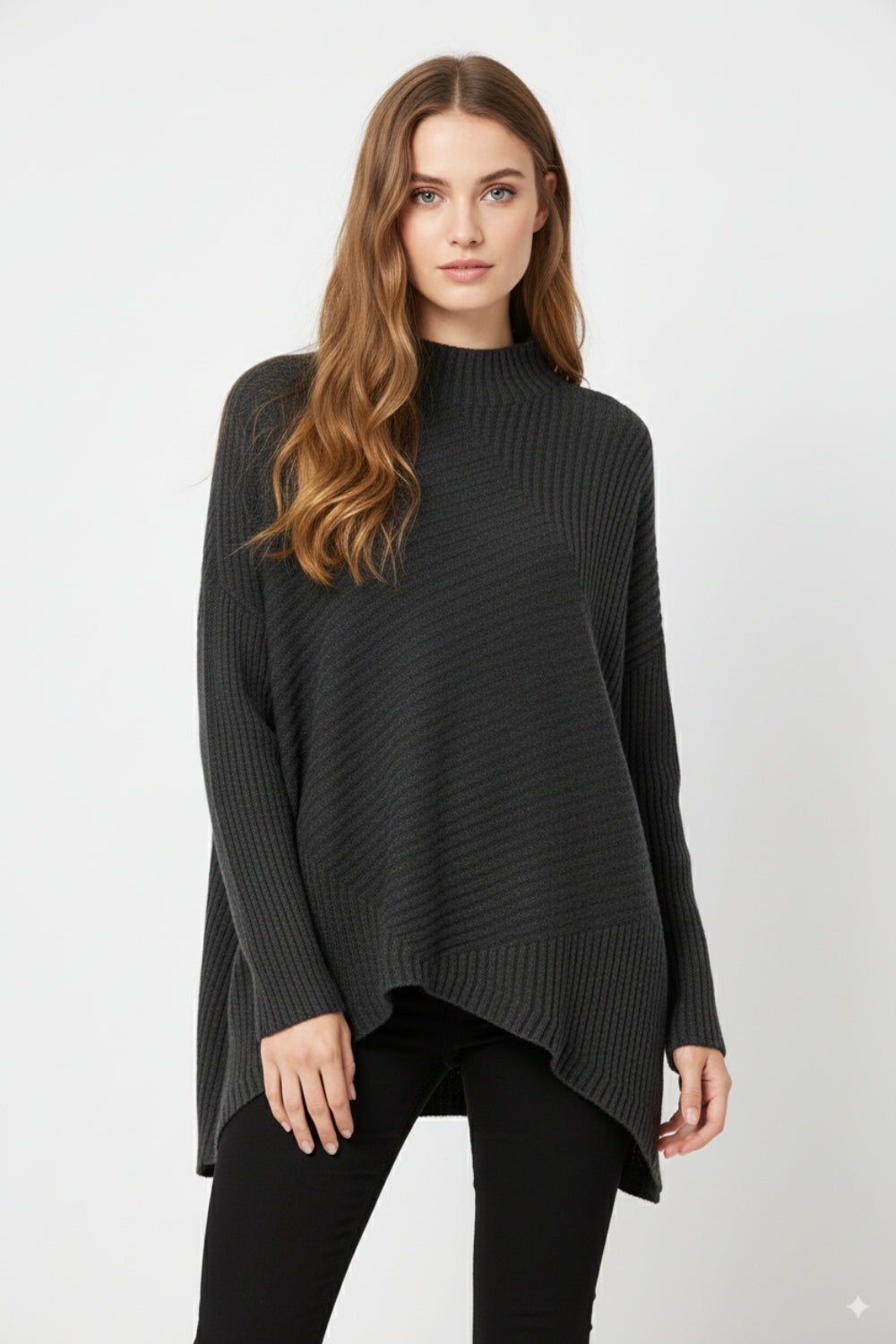 Black Asymmetric Ribbed Knit Sweater Tunic -