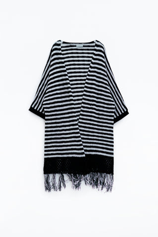 Cardigan noir style bohème avec rayures en maille pointelle et détails à franges