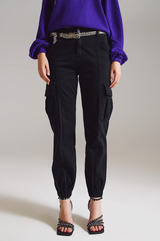 black cargo pants with elasticated waist and hem - Trousers
