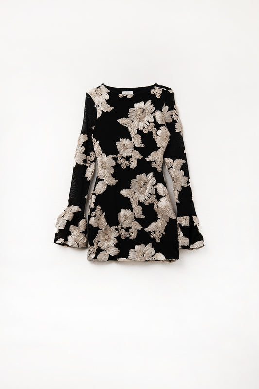 black chiffon mini dress with floral brocade - Dresses