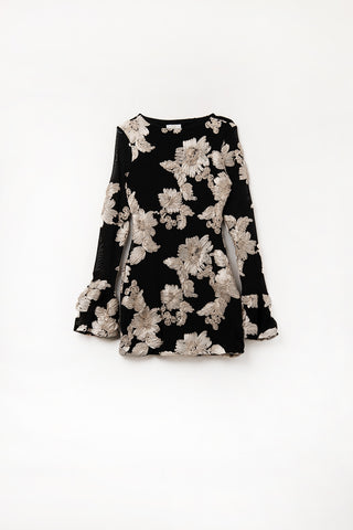 black chiffon mini dress with floral brocade