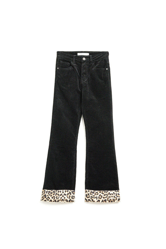 Black corduroy flare pants with leopard print at the bottom - Trousers