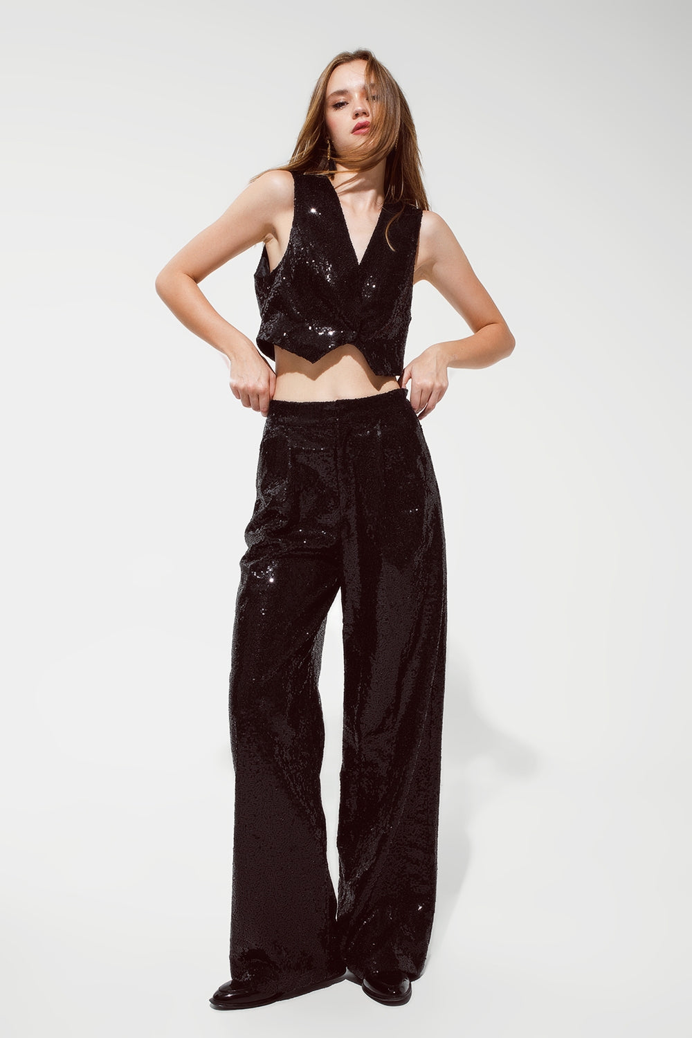 Black Cropped Vest With Reflective Sequins - Vests
