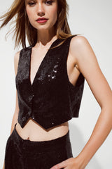 Black Cropped Vest With Reflective Sequins