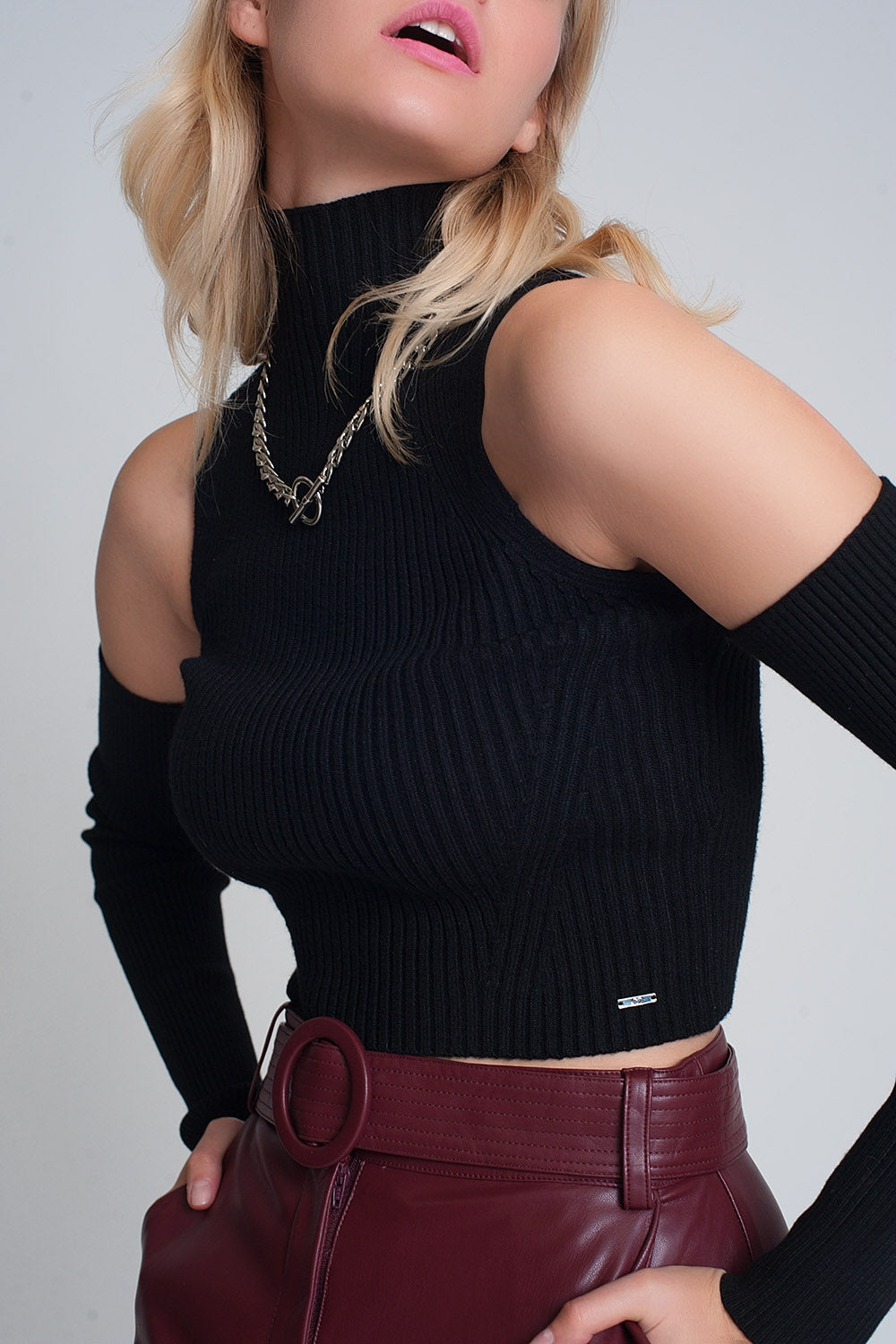 Black cut out rib sweater in fine knit - Jumpers