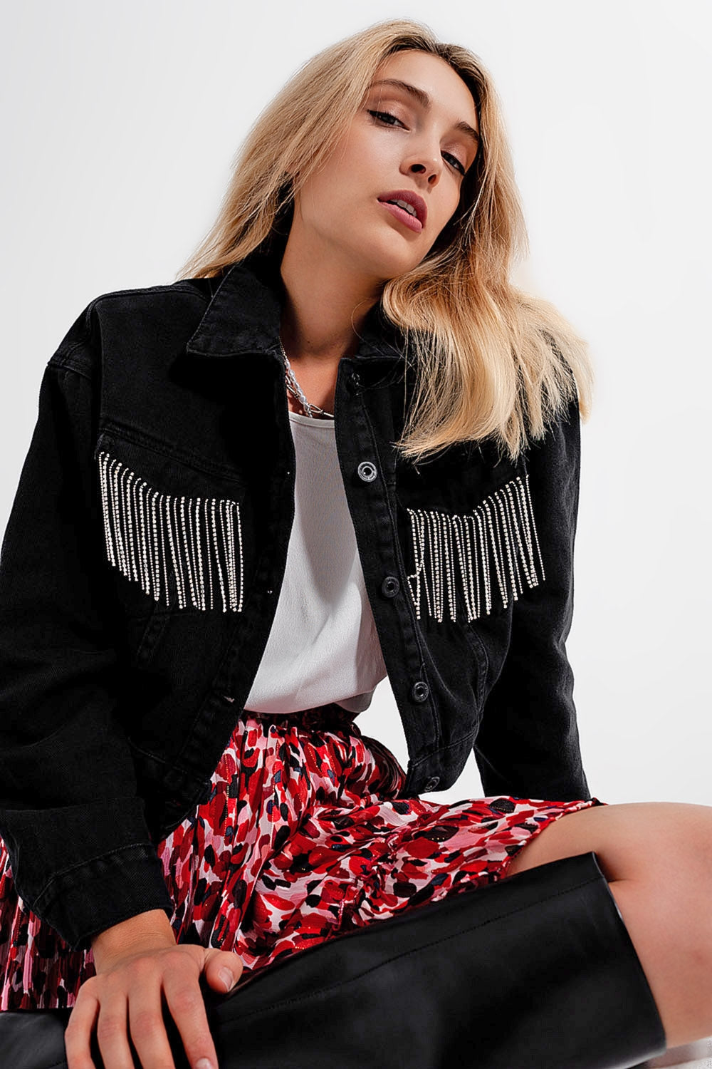 Black denim jacket with strass fringing - Jackets