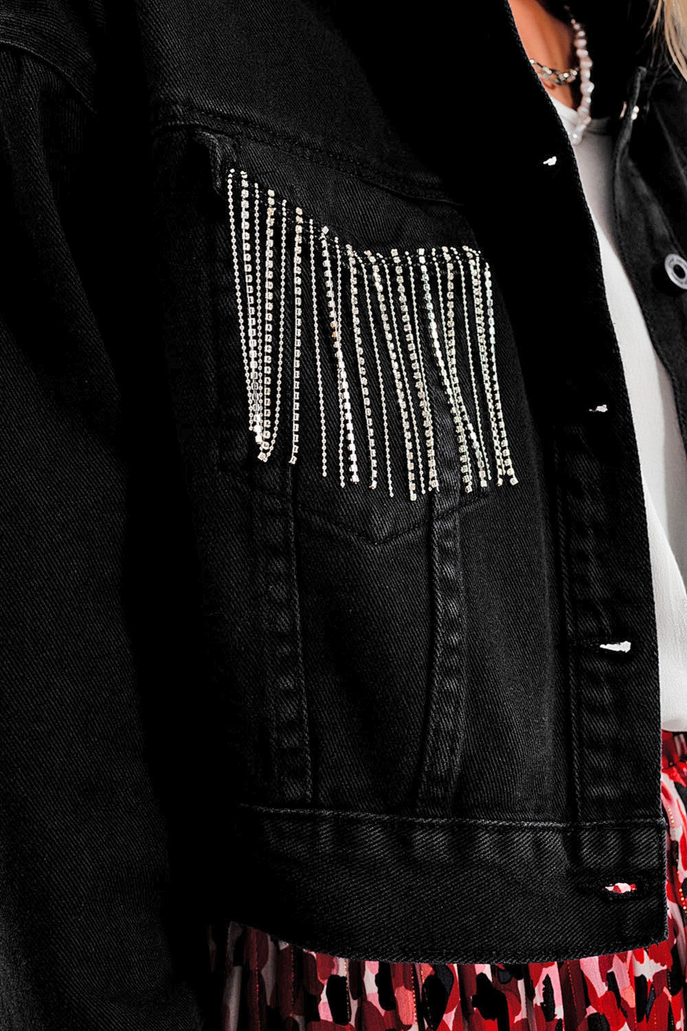 Black denim jacket with strass fringing - Jackets