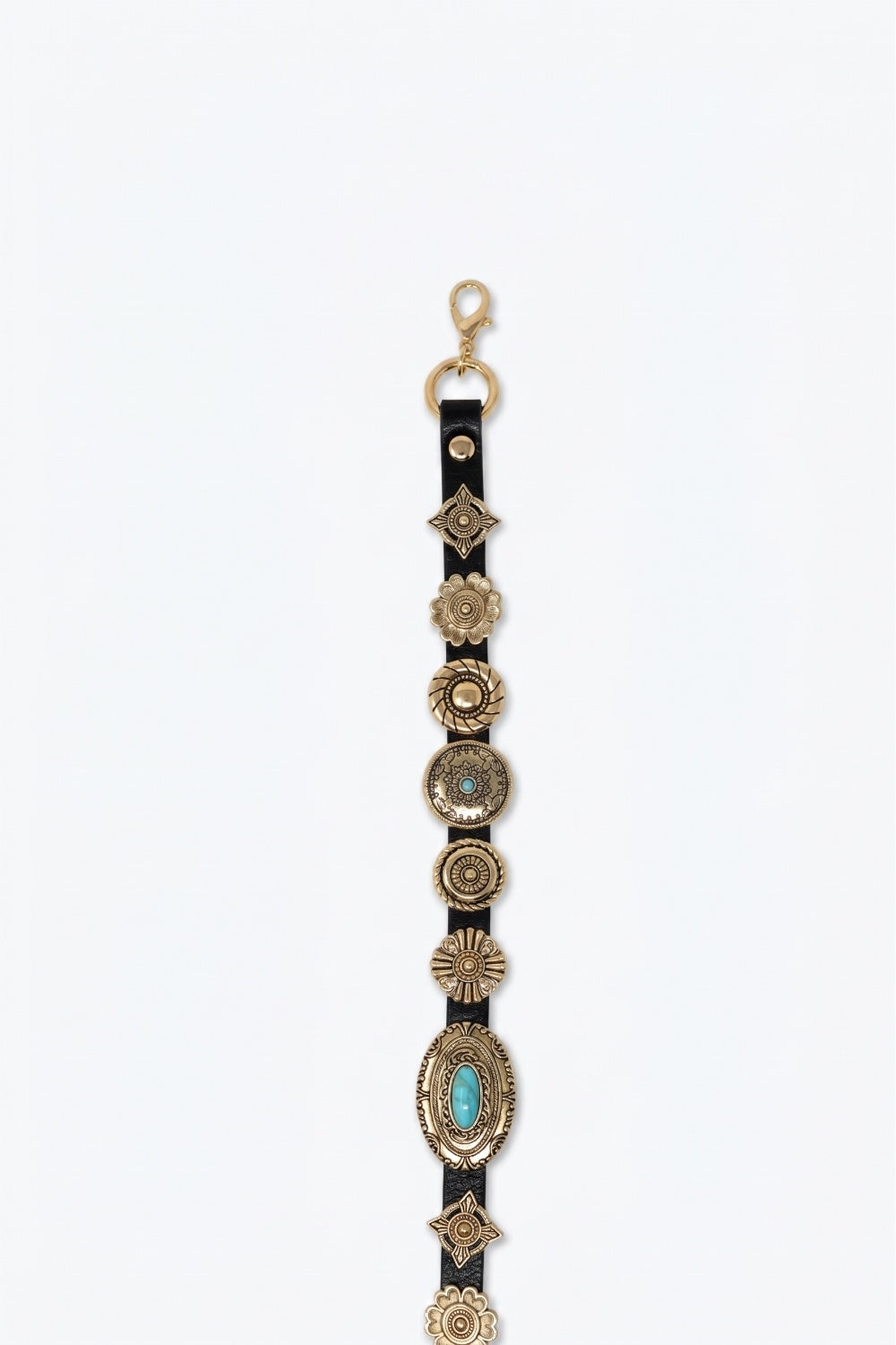 Black Faux Leather Gold Chain Turquoise Medallion Western Belt