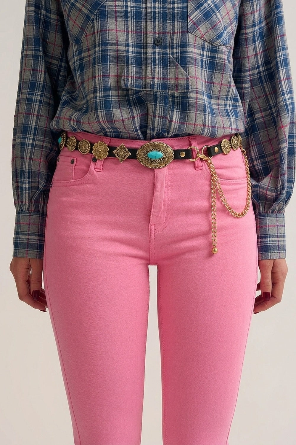 Black Faux Leather Gold Chain Turquoise Medallion Western Belt
