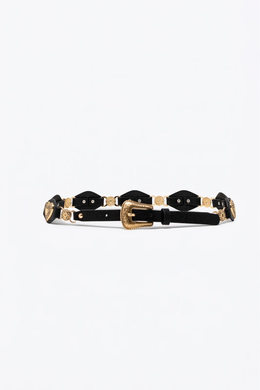 Black Faux Leather Heart Embellished Western Buckle Detail Belt - Accesory