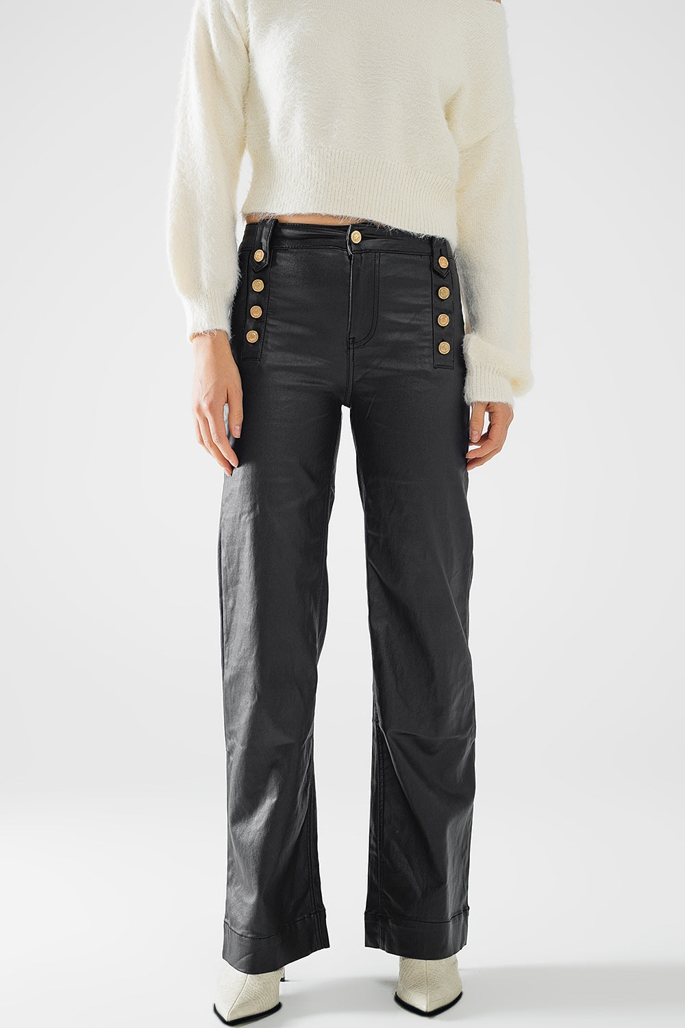 Black faux leather trousers with buttons - Trousers