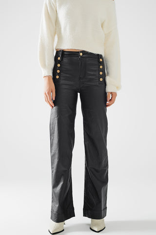 Black faux leather trousers with buttons