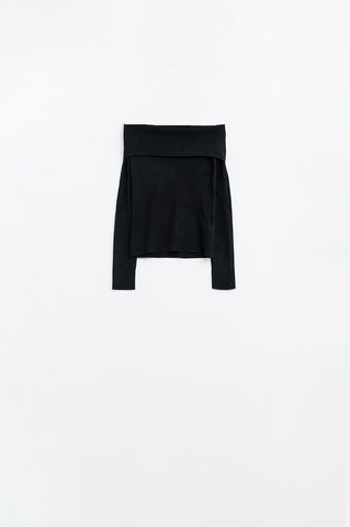 black fine knit sweater with wide boat neck
