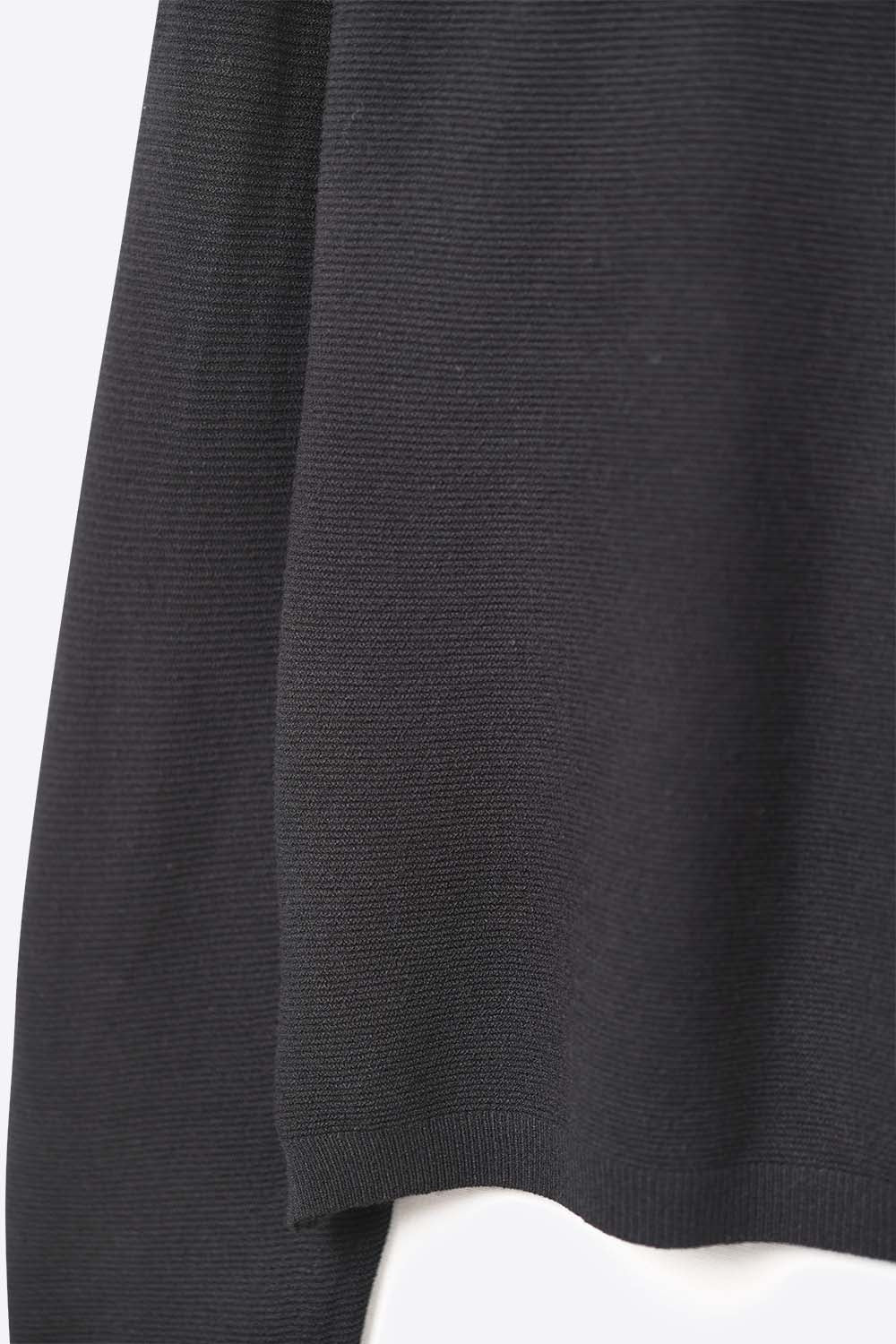 Black Fine Knit V-Neck Sweater with Subtle Linear Texture -
