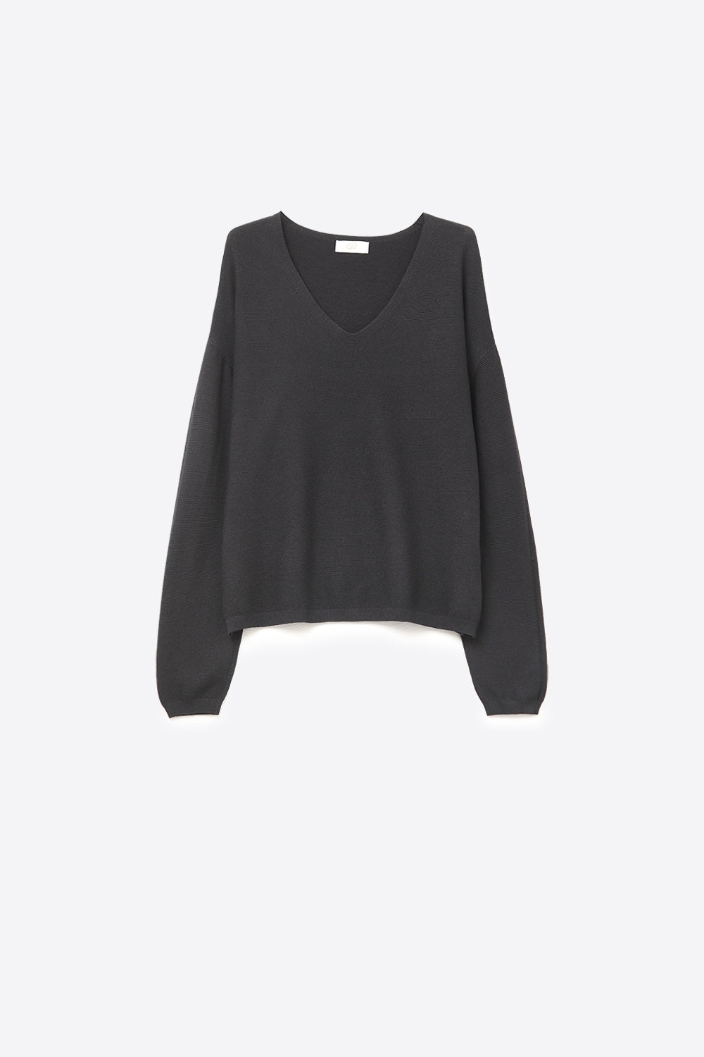 Black Fine Knit V-Neck Sweater with Subtle Linear Texture -