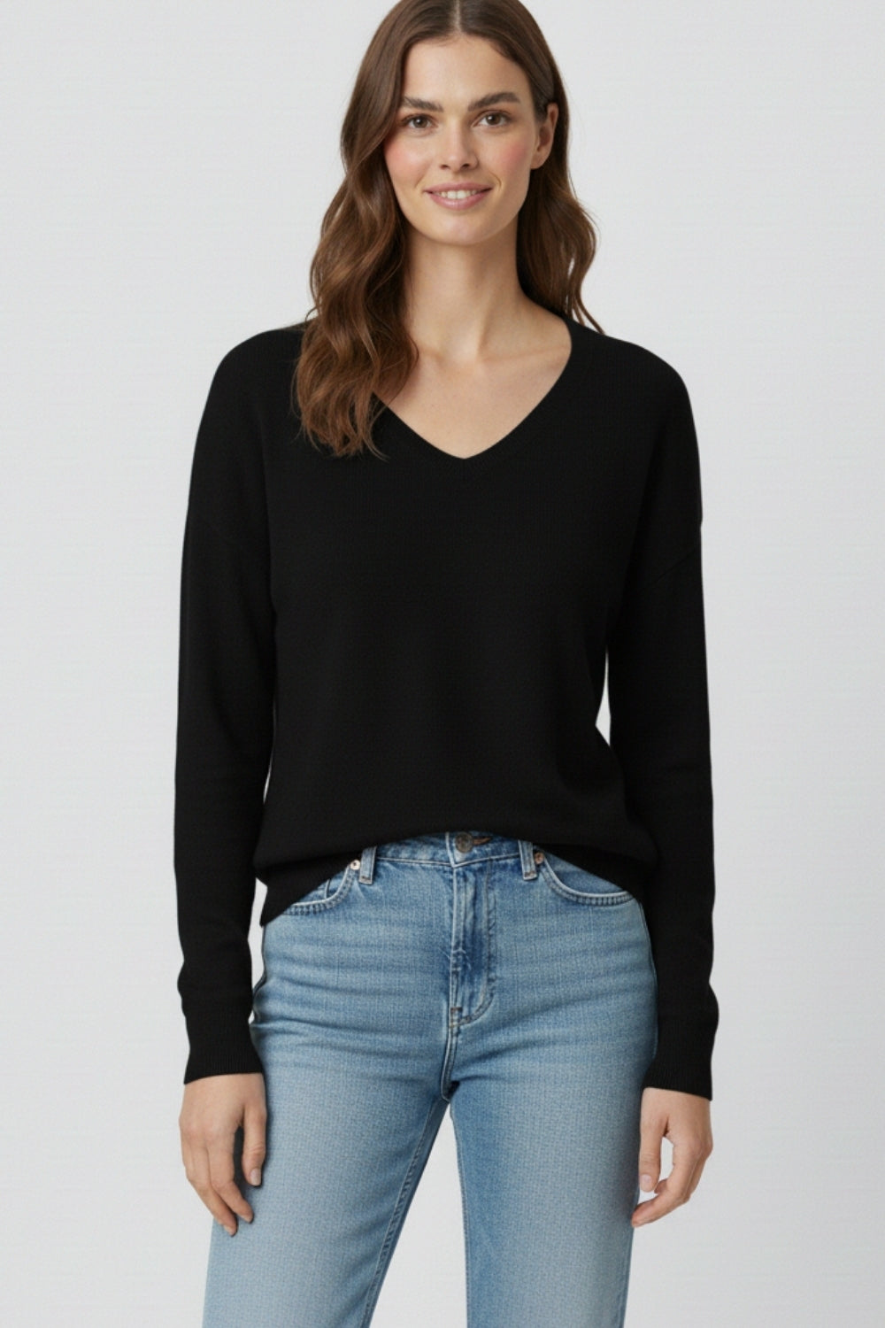 Black Fine Knit V-Neck Sweater with Subtle Linear Texture -