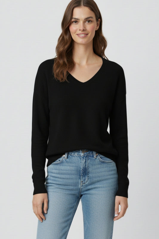Black Fine Knit V-Neck Sweater with Subtle Linear Texture -