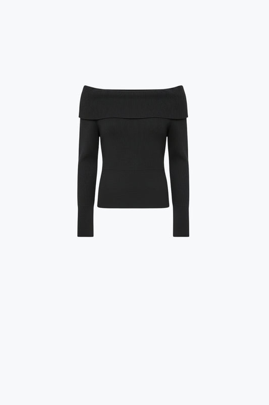 black fine ribbed knit sweater with wide boat neck -