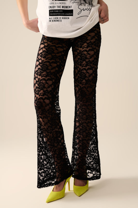black flare Pants in Floral Lace - Trousers