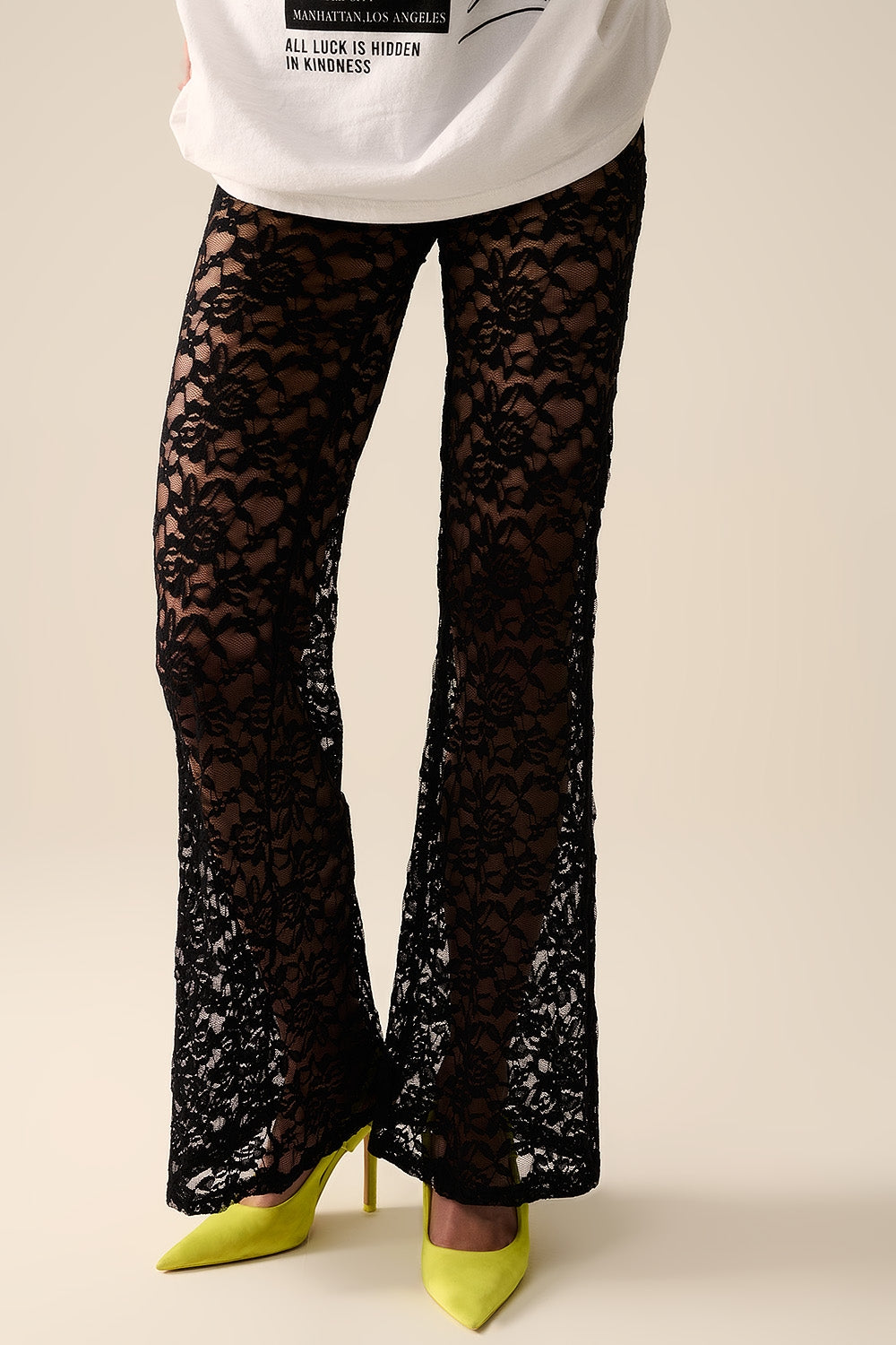 black flare Pants in Floral Lace - Trousers