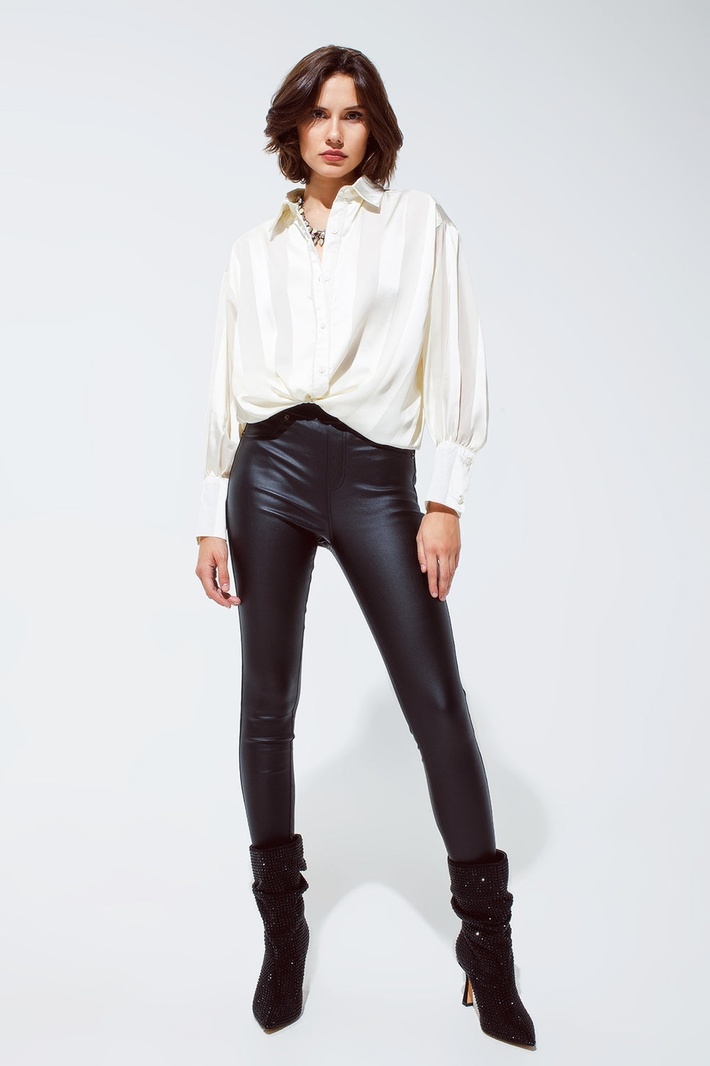 Black gloss Look Pants with Stretchband - Trousers