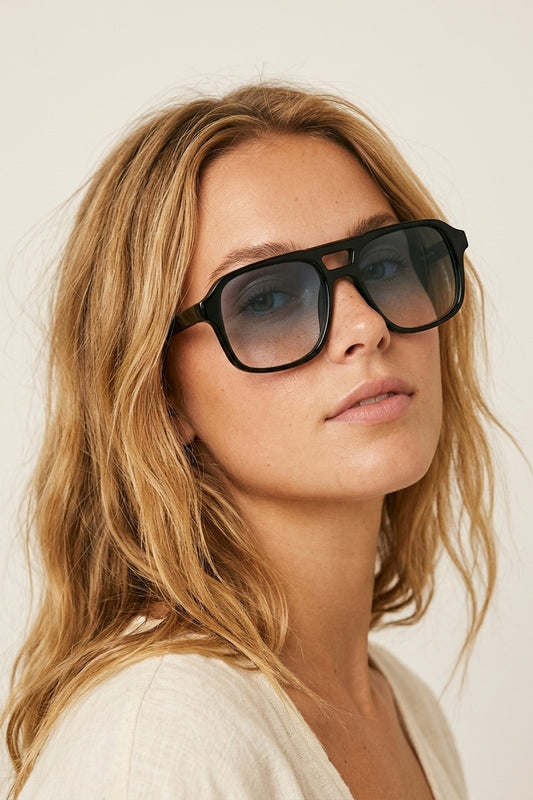 Black Gradient Lens Square Frame Classic Aviator Sunglasses -