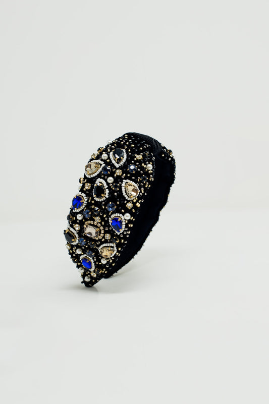 Black Headband with Big and Small Embroidered Jewells - Headbands