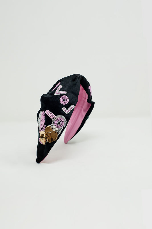 Black Headband With Embroidered Bird - Headbands