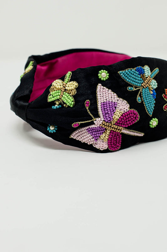 Black Headband With Embroidered Butterflies and Flowers - Headbands
