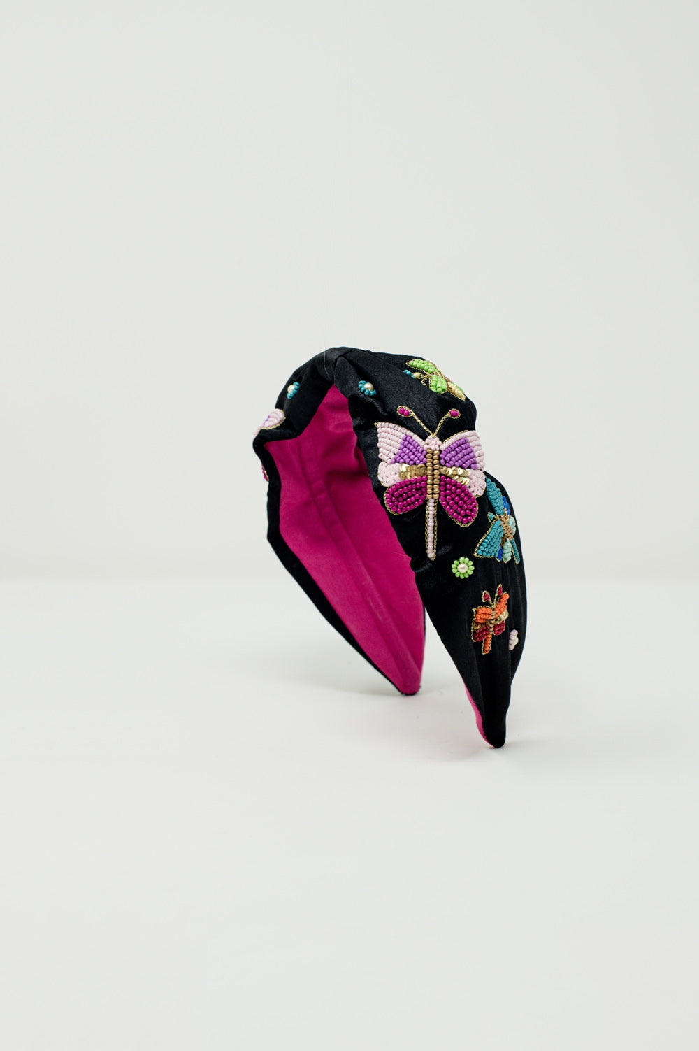 Black Headband With Embroidered Butterflies and Flowers - Headbands