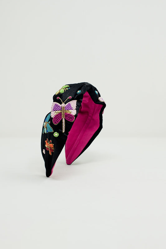 Black Headband With Embroidered Butterflies and Flowers - Headbands