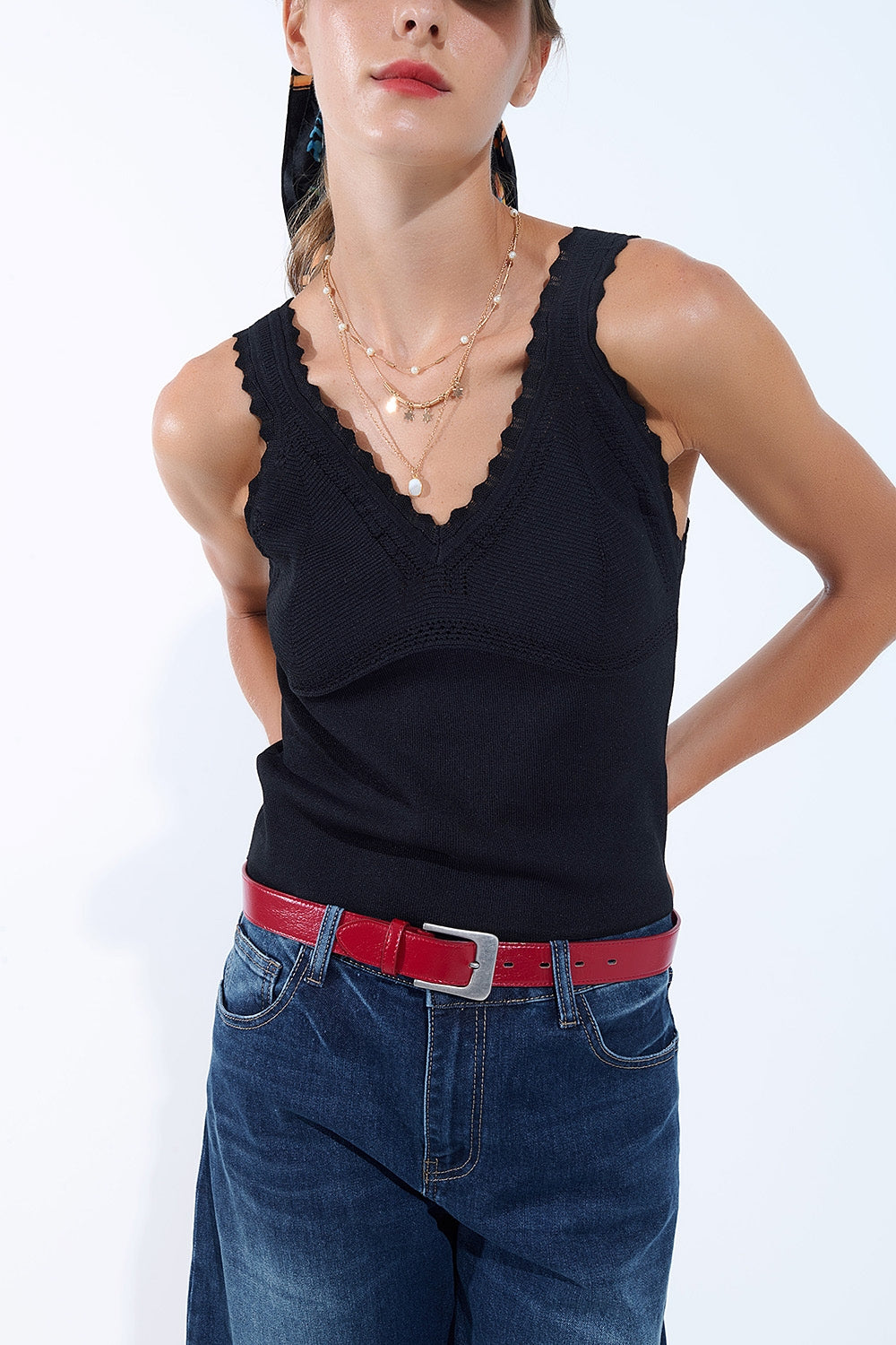 Black Knit V-Neck Top with Scalloped Edges - Tops