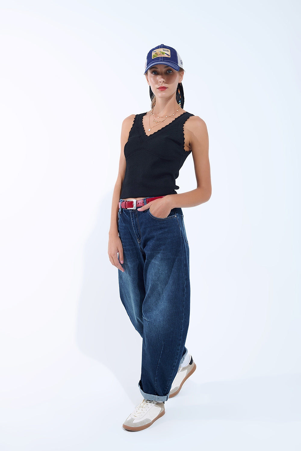 Black Knit V-Neck Top with Scalloped Edges - Tops