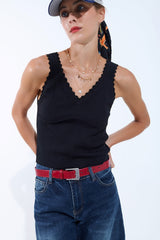 Black Knit V-Neck Top with Scalloped Edges