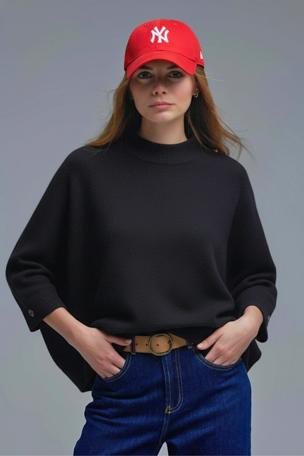 Black Knitted Sweater with sleeves Button Details - Sweaters