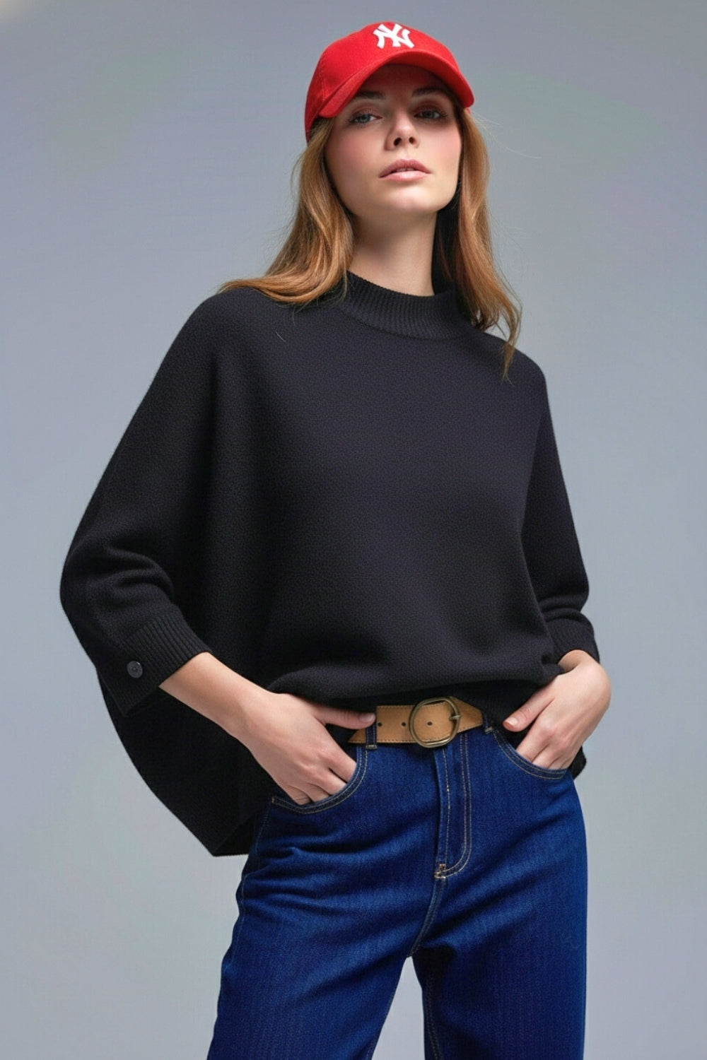 Black Knitted Sweater with sleeves Button Details - Sweaters