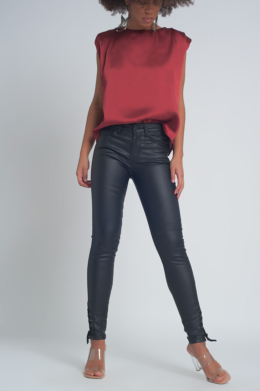 Black leather effect trousers with hem lace-up - Trousers
