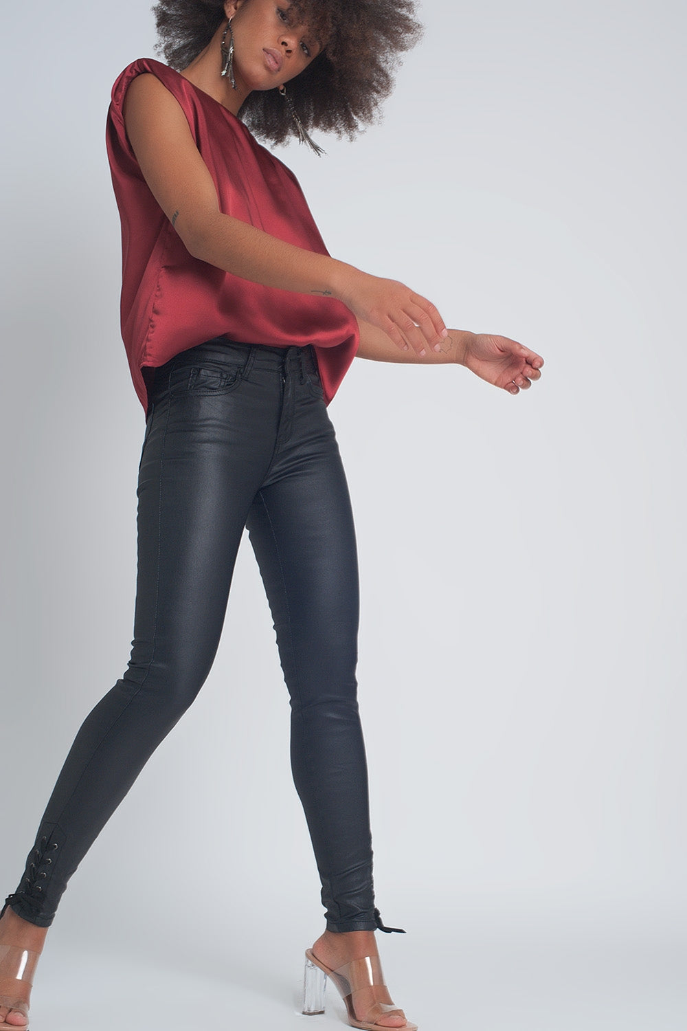 Black leather effect trousers with hem lace-up - Trousers