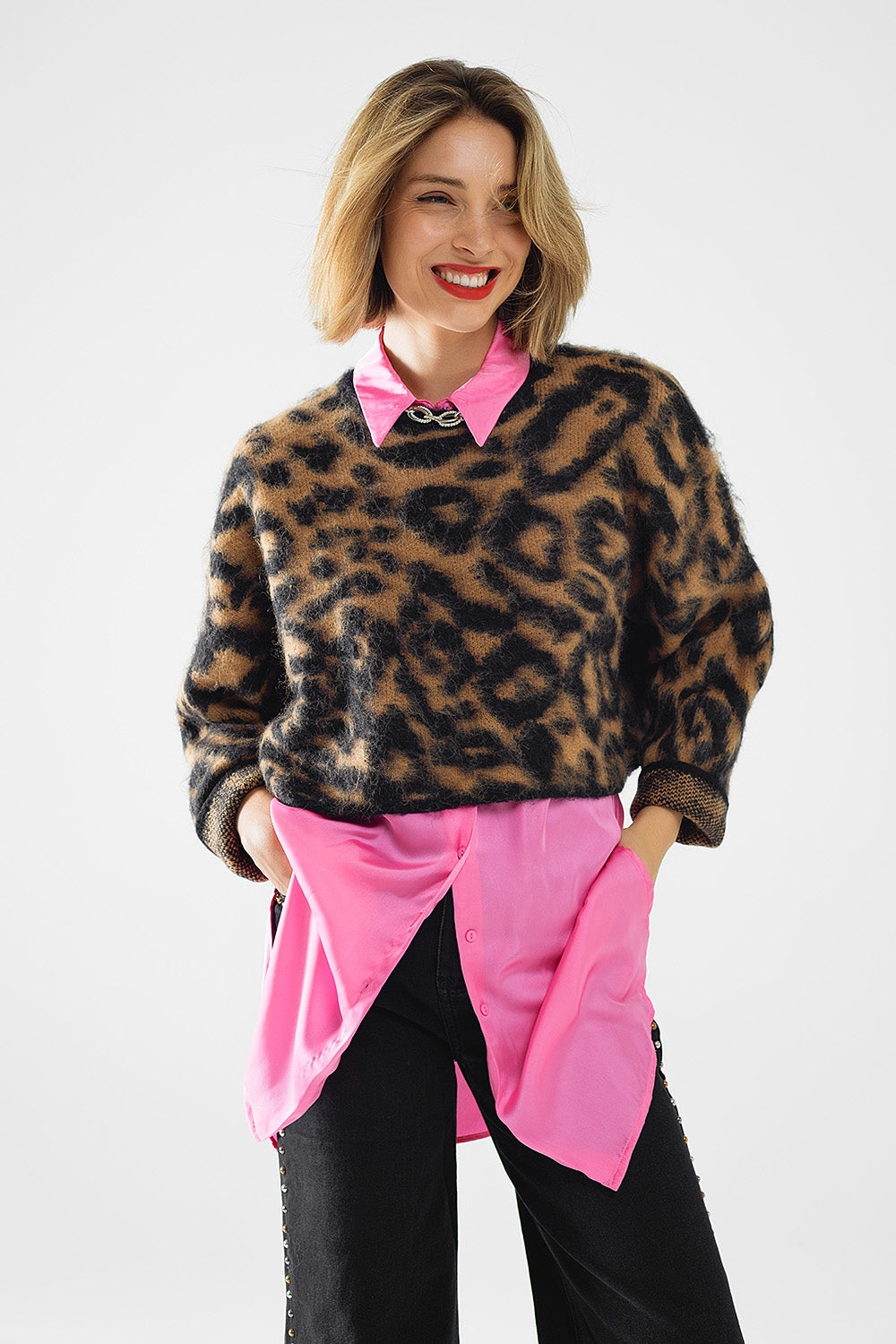 black Leopard print sweater made of knitted fabric with wool - Jumpers